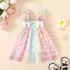 Abiti da ragazza Abito da bambino per bambini Abito estivo da principessa con fiori impreziosito da maniche con fiocco e colorato vestito casual da festa