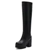 Boots Sexy Knee-high Pu Square High Heels For Women Fashion All-Match Shoes 2024 Fall Winter Booties Female Plus Size 34-43