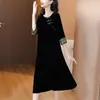 Вечерние платья, винтажное золотое бархатное платье с принтом, модное темпераментное женское свободное длинное элегантное корейское платье с длинным рукавом