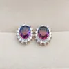 Stud Earrings Luxury Multicolor Tourmaline Flower Silver Color Oval Cut Zircon Crystal Stone Ear Studs For Women Jewelry