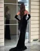 Schwarze Schatz Perlen Federn Abendkleider Velour mit Handschuhen Meerjungfrau Split Prom Kleid bodenlange Partykleider