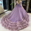 Vestidos de quinceañera de lavanda dulce mexicana vestido de bola con cuentas de encaje de cristal Tull con gradas dulce 16 vestido de princesa con cordones Vestido De15 Anos