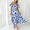 Casual Jurken Zomer Boheemse Bloemenprint Strapless Off Schouder Maxi Jurk Vrouwen Elegante Sexy Backless Bladerdeeg Mouw Hoge Taille Party