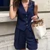 Summer Casual Office Twopiece Womens Solid Color Pocket Street Fashion Sleeveless Vest Blazer and Shorts 240326