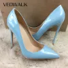 Boots Veowalk Solid Light Blue Women Patent Leather Pointy Toe Stilettos Slip on Extremely High Heel Shoes Comfortable Ladies Pumps