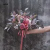 Bröllopsblommor nzuk retro konstgjord bukett fleur rose pioner brud som håller blommor silke brud buketter boutonnieres