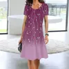 Casual Dresses Flower Print Dress Printed Midi Floral A-Line For Women Kort ärm O Neck knälängd Summer Soft