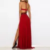 Casual Dresses Elegant Party Evening Maxi For Women See Through High Split Red Lace Dress Sexig rygglös golvlängd Tunika