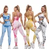 Die Dye Woman 2pcs Yoga GYM Set Soutien-gorge de sport / T-shirt à manches longues Taille Leggings Costume d'entraînement Mode Filles Fitness Survêtement 240304