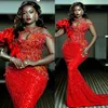 2024 Aso Ebi Rouge Sirène Robe De Bal Cristaux Perles Paillettes Soirée Formelle Deuxième Réception 50e Anniversaire Robes De Fiançailles Robes Robe De Soirée ZJ178