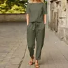 Masowe damskie bawełniane konopie Summer Khaki okrągły szyja krótkie rękawa luźne top z wysokiej talii kieszeni szerokopasmowe spodnie retro 2 -częściowy zestaw 240314