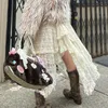 Y2K Бежевые юбки-миди Fairycore Boho с асимметричной кружевной отделкой, женские трапециевидные юбки с заниженной талией, винтажные летние праздничные наряды в стиле Харадзюку 240315