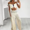 Women's Two Piece Pants Loose Fit Women Suit Stylish Crop Top Set With Ruffle Detail High Waist Wide Leg Trousers Soft For Commuting