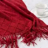 Inyahome Christmas Decor Red Throw Blanket with Fringe Geometric Bed Burgundy Throw Winter Decorative Large Throw for Couch Sofa 240307