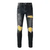 Designer Men's Jeans American Style High Street Distressed Yellow Patch Live Broadcast Blue Classic Stretch