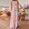 Casual Dresses Women Spring Dress Bohemian Maxi With Flower Print A-line Shirring For Summer Soft Round Neck Patchwork Breathable