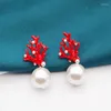 Brincos femininos vermelho coral veado antler branco falso pérola natal moda presente de natal acessórios de festa de feriado