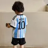 2023 Summer Children Football Clothes Set Baby Boys Girls Striped Print Top Shorts 2pcs Suit Kids Sport Casual Outfits 240315