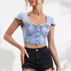 Mulheres Camisetas Versão Coreana Sexy Sem Mangas U-Pescoço Denim Top Slim Fit T-shirt Com Backless Único Breasted Verão Roupas Curtas