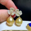 Kolczyki Dangle Wspaniałe 9-10 mm Morze Południowe Drop Gold Pearl Keeds 925s