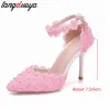 Boots Wedding Shoes Bride White Wedding Shoes Female High Heels Ankle Strap Pumps Women Shoes Rhinestone Lace High Heels Party Shoe#42