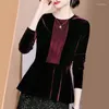 Chemisiers pour femmes Vintage taille épissé velours Blouse automne hiver décontracté col rond femme vêtements tout-match couleur unie mode soie brillante