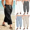 Men's Pants Cotton Drawstring Casual Capris Lightweight Loose Beach Yoga Pant Belt Pocket Trousers