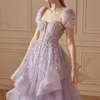 Lavendel-Abendkleid, funkelnde Prinzessin, lange Ballkleider, herzförmiger, kurzärmliger, offener Rücken, Partykleider