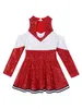 Dziewczyny dziewczęta Cheerlead Mundure Dance Costume Długie rękaw z okrągłego dekoltu Kontrast Kolor Lśniący cekiny Dance Dress 240305