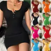 Vår/sommarknapp kort ärm wrap höftklänning nya sexiga kvinnor
