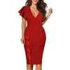 Casual Dresses Formal Midi Dress Elegant V Neck Ruffle Sleeve for Women Soft Tight High midje mantel med Elastic Ol Party