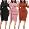 Ethnic Clothing Women Tie Up Draped Ruched High Waist Skew Neck Long Sleeve Bodycon Midi Bandage Dress 2024 Office Lady Party Dresses