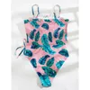 Costume da bagno da donna con foglie stampate con volant stropicciato Costume da bagno intero da donna Costume da bagno imbottito con taglio a gamba alta femminile Swim Lady K3291