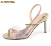 Stövlar almudena guld höga klackar bling bling crystal bröllop skor transparent tydlig pvc lapptäcke klänning pumpar slingback kvinnor sandaler