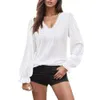 Women's T Shirts Women Autumn Fashion Shirt Blouse Sexy V Neck Hollow Out Pleated Sleeve Top Casual Solid Colours Long GG