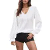 Kvinnors T -skjortor Kvinnor Autumn Fashion Shirt Blus Sexig V Neck ihålig ut veckad ärm Topp Casual Solid Colors Long GG