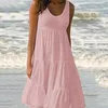 Casual Dresses Summer Beach Dress Elegant Plus Size Women's MIDI med lapptäcke Hem ärmlös A-line design för semester