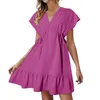 Robes décontractées Femmes élégantes Plage 2024 Summer Ruffle A Line Swing Midi Robe à manches courtes Col V Solide Cordon Sundress Robes