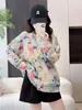 Women's Knits Waterproof Mink Wool Sweater Woman Loose Art Vintage Printed Single Breasted Pockets Casual Knitted Tops Wild