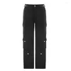 Women's Jeans Handsome Multi Pocket Metal Buckle Straight Leg Workwear Pants For Women With High Waisted Loose And Slimming