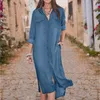 Casual Dresses Plus Size S-5XL Vintage Denim Långärmad skjorta klänning Turndown Neck Loose Maxi Women 2024 Spring Summer Robe