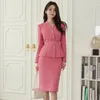 Work Dresses Pink Tweed Office Ladies 2 Piece Set Fashion Women V Neck Single Breasted Ruffles Belt Coat Bodycon Pencil Split Skirt Suit