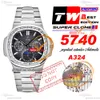 5740 Calendário Perpétuo A324SC Relógio Masculino Automático TWF Diamantes Moldura Cinza Textura Mostrador Pulseira de Aço Inoxidável Super Edição Reloj Hombre Puretimewatch PTPP