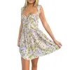 Casual Dresses Women Y2k Retro Floral Print Mini Dress Low Cut Sleeveless Backless Lace-Up A-Line Short Summer Boho Beach Party