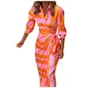 Robes de soirée mode imprimé demi manches chemise pour les femmes élégant Colorblock rayé imprimé longue robe dame ceinturée Wrap