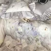 Conjuntos de cama Vintage Rosa Flores Imprimir Lace Ruffles Set Natural Lyocell Algodão Macio Sedoso Capa de Edredão Folha de Cama Apenas 2 Fronhas