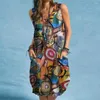 Freizeitkleider Strandkleid Buntes Graffiti-Druck Damen Sommer Midi mit Taschen Böhmischer ärmelloser Urlaub für Damen Weich