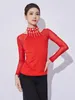 Stage Wear Halter Rhinestones Latin Dance Tops 2 Colors Long Sleeve ChaCha Dancing Clothes Women Samba Rumba Ballroom Practice VDB8132