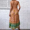 Casual Dresses Shirring Dress Ethnic Style Maxi With Patchwork Detailing For Women A-line Hem Vacation Sundress High Waist