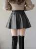 Jupes Automne Mode Coréenne Femmes Couleur Unie PU Plissé Slim Fit Taille Haute Unique Fermeture À Glissière Mini Jupe En Cuir